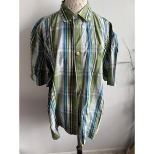 Duluth Trading Co Plaid Short Sleeve Button Up Shirt Men's XL Green Blue Cotton